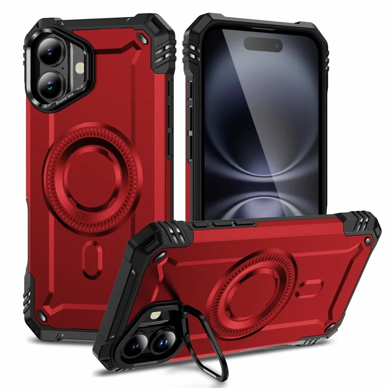 For iPhone 16 Magnetic Case Lens Kickstand PC + TPU Shockproof Phone Cover - Red