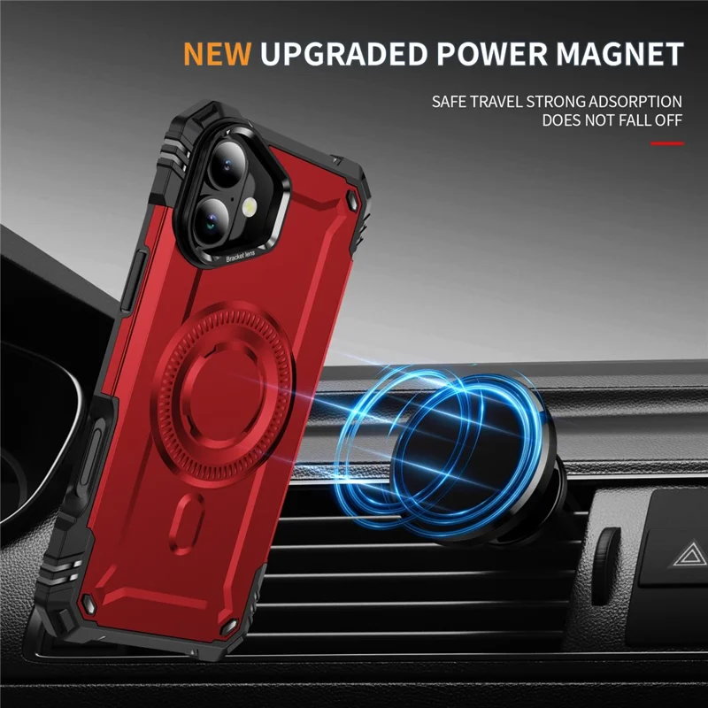For iPhone 16 Magnetic Case Lens Kickstand PC + TPU Shockproof Phone Cover - Red