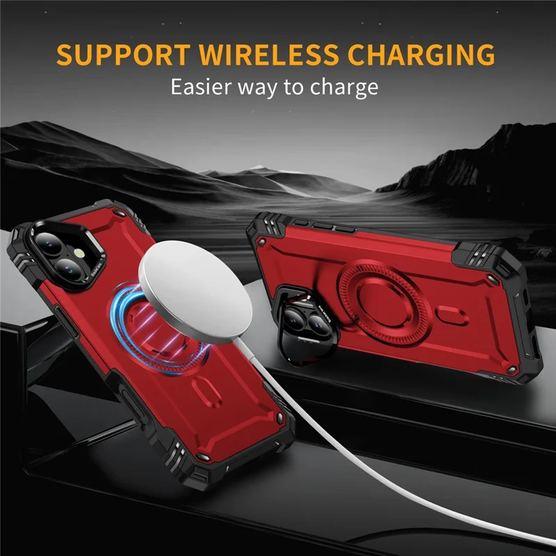 For iPhone 16 Magnetic Case Lens Kickstand PC + TPU Shockproof Phone Cover - Red