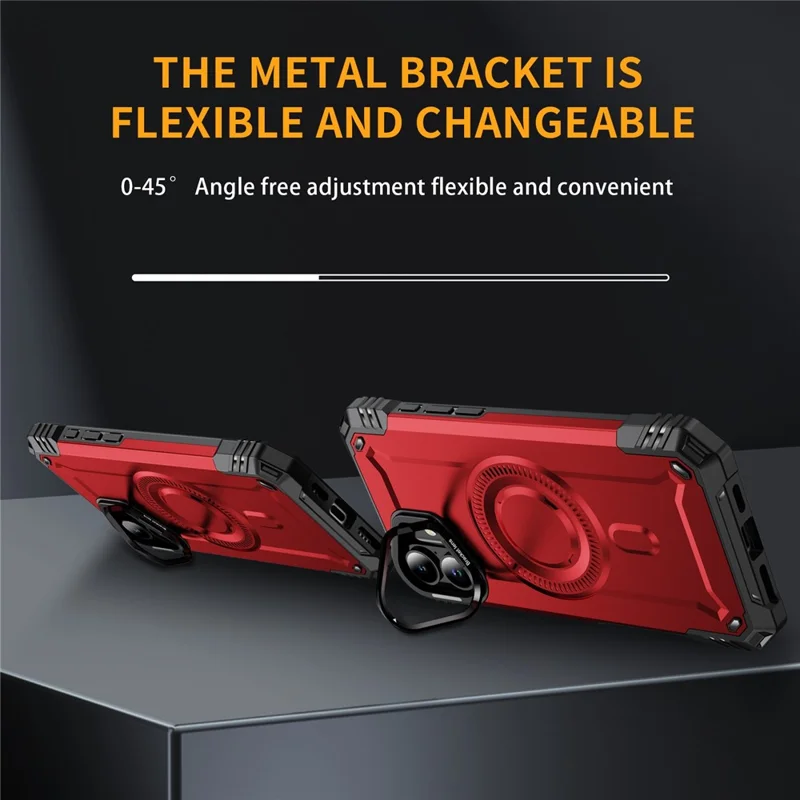 For iPhone 16 Magnetic Case Lens Kickstand PC + TPU Shockproof Phone Cover - Red