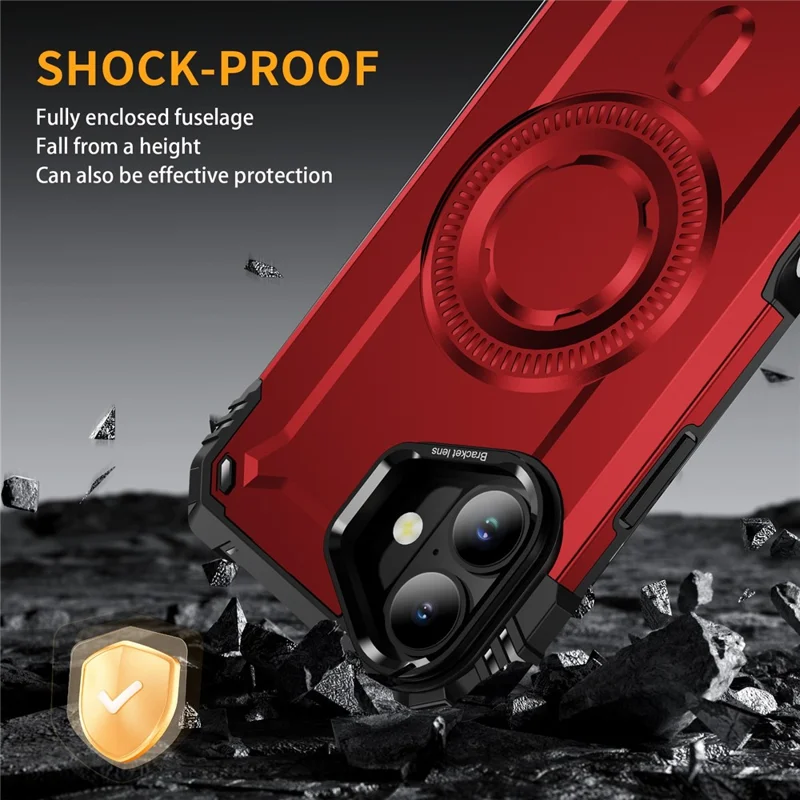 For iPhone 16 Magnetic Case Lens Kickstand PC + TPU Shockproof Phone Cover - Red
