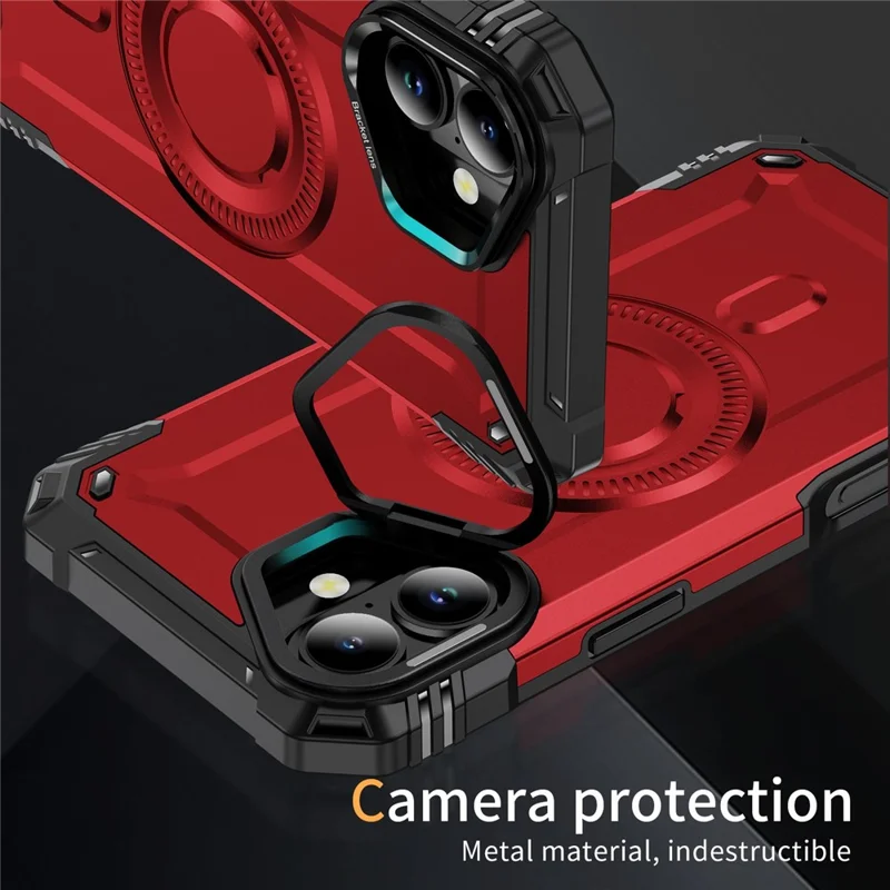 For iPhone 16 Magnetic Case Lens Kickstand PC + TPU Shockproof Phone Cover - Red
