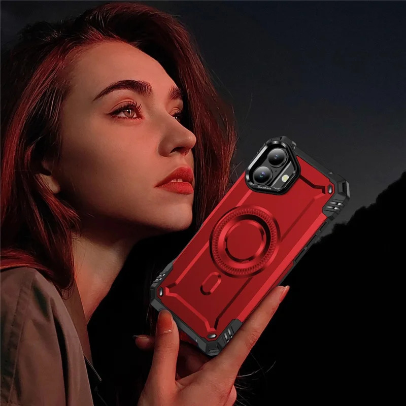 For iPhone 16 Magnetic Case Lens Kickstand PC + TPU Shockproof Phone Cover - Red