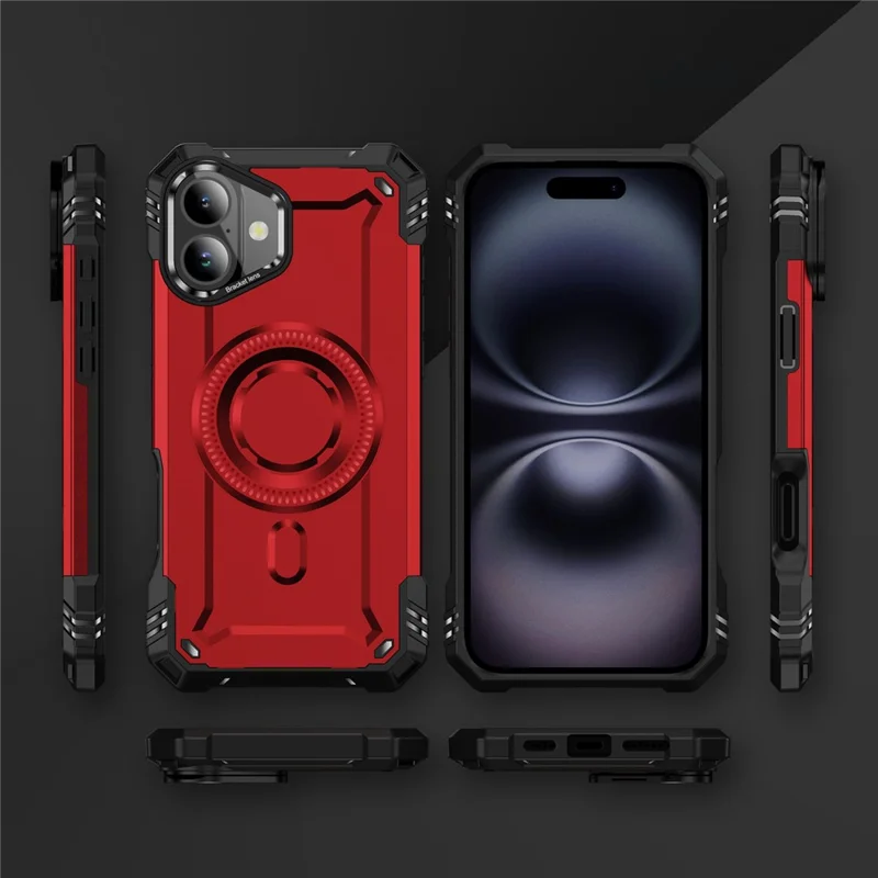 For iPhone 16 Magnetic Case Lens Kickstand PC + TPU Shockproof Phone Cover - Red