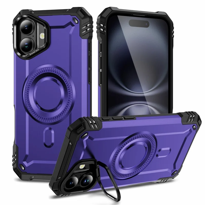 For iPhone 16 Magnetic Case Lens Kickstand PC + TPU Shockproof Phone Cover - Purple