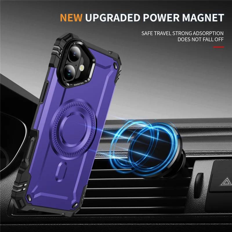 For iPhone 16 Magnetic Case Lens Kickstand PC + TPU Shockproof Phone Cover - Purple