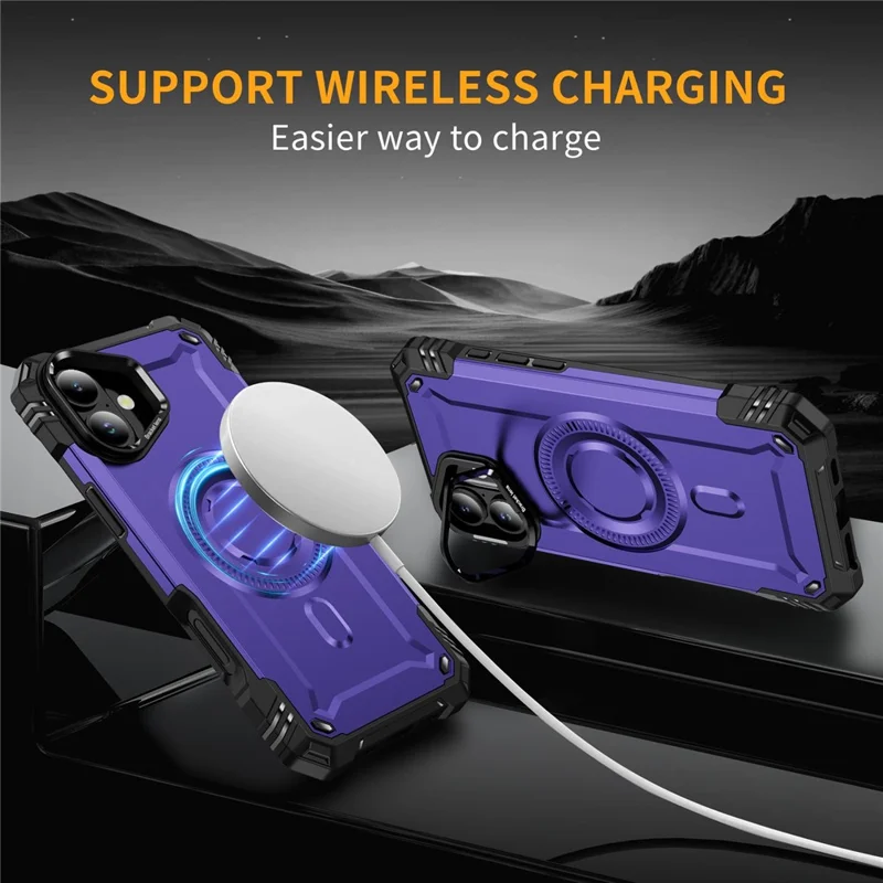 For iPhone 16 Magnetic Case Lens Kickstand PC + TPU Shockproof Phone Cover - Purple