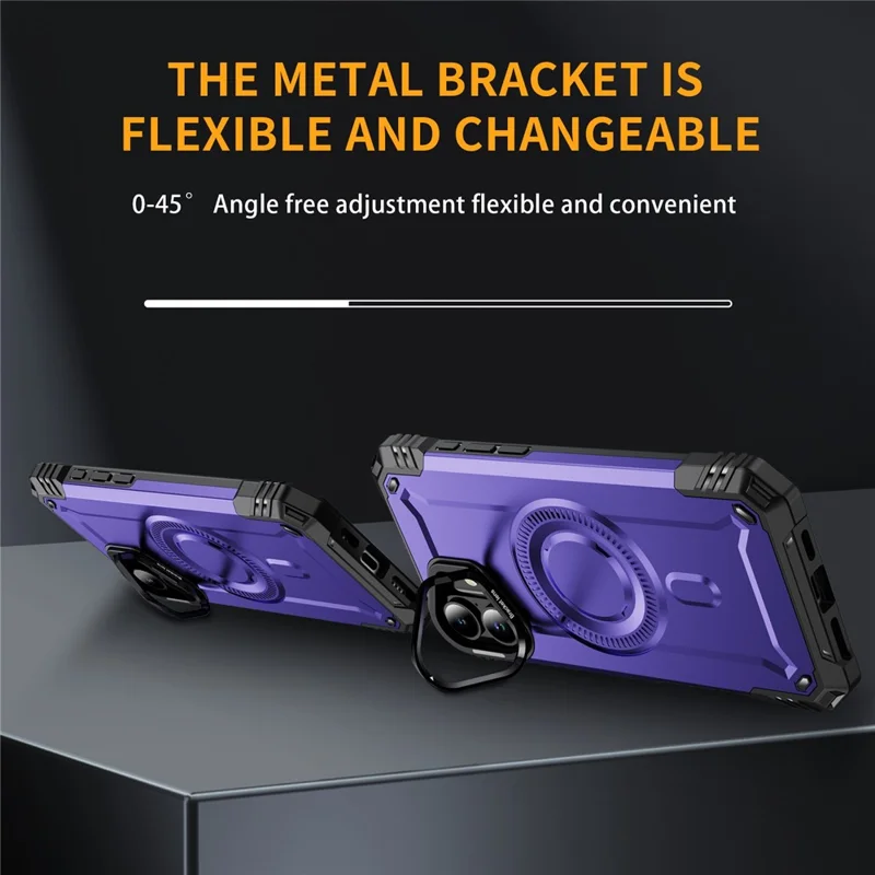 For iPhone 16 Magnetic Case Lens Kickstand PC + TPU Shockproof Phone Cover - Purple