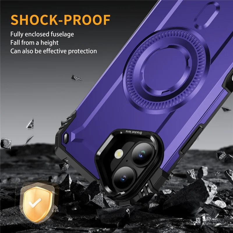 For iPhone 16 Magnetic Case Lens Kickstand PC + TPU Shockproof Phone Cover - Purple