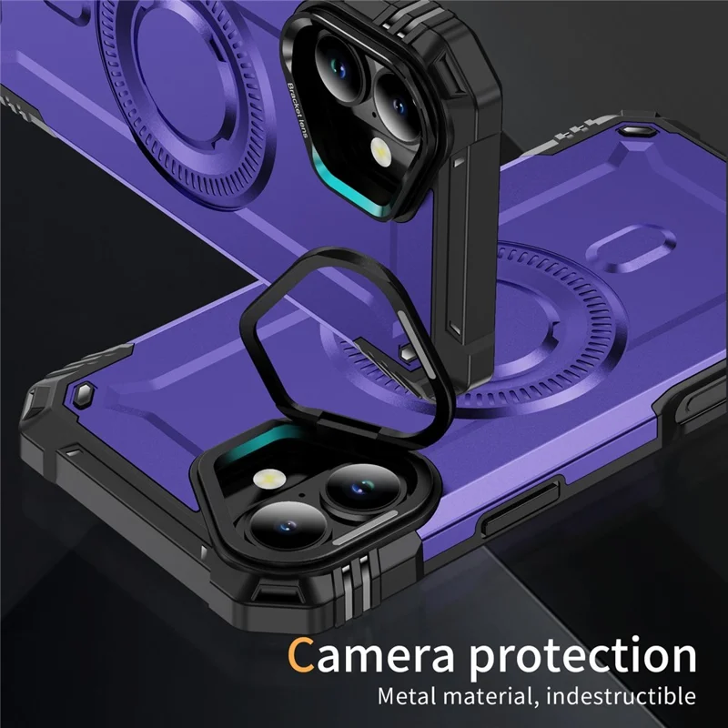 For iPhone 16 Magnetic Case Lens Kickstand PC + TPU Shockproof Phone Cover - Purple