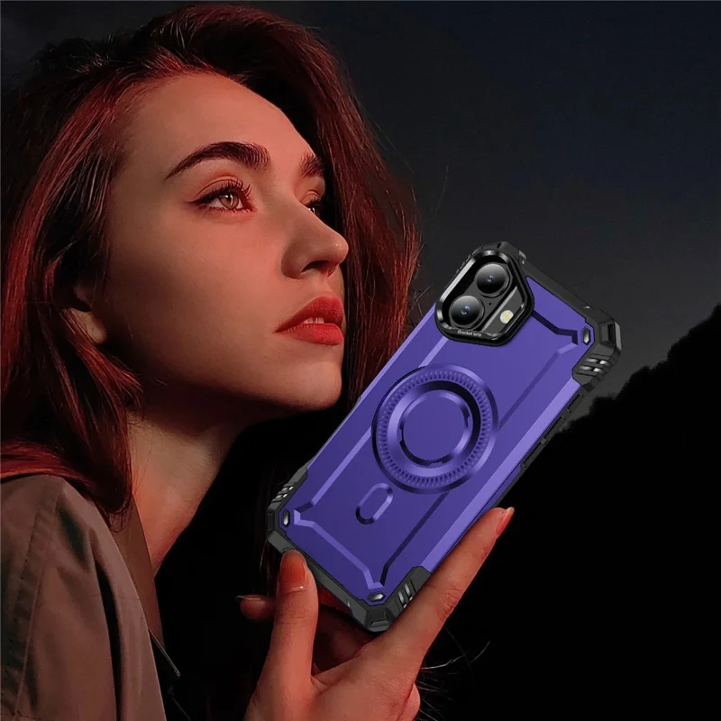 For iPhone 16 Magnetic Case Lens Kickstand PC + TPU Shockproof Phone Cover - Purple