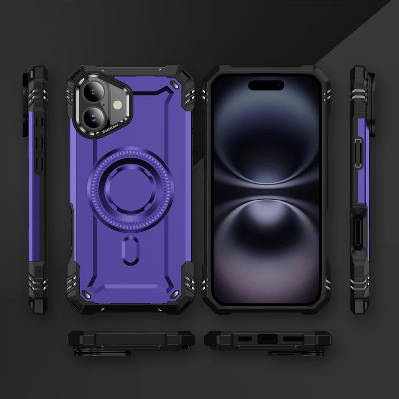For iPhone 16 Magnetic Case Lens Kickstand PC + TPU Shockproof Phone Cover - Purple