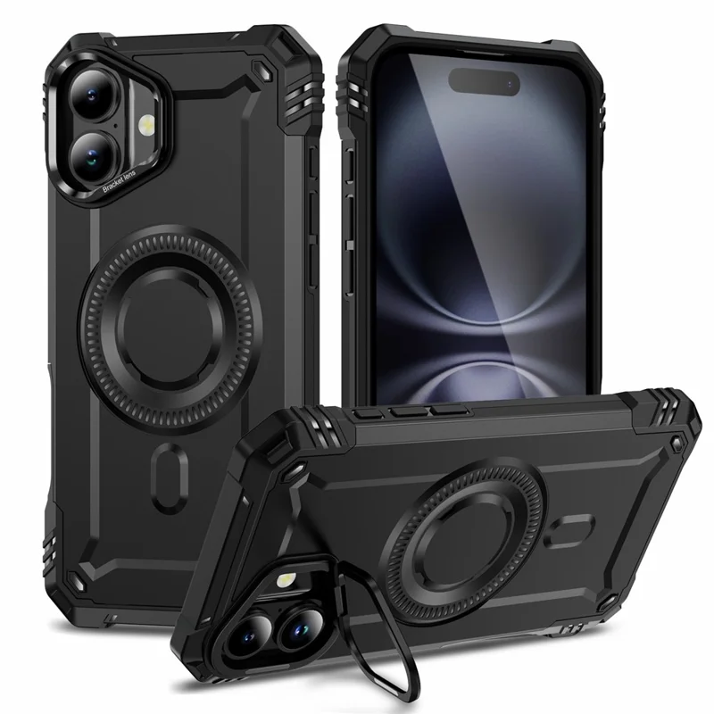 For iPhone 16 Plus Magnetic Case Lens Kickstand PC + TPU Shockproof Phone Cover - Black