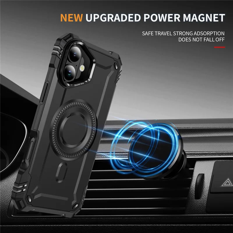 For iPhone 16 Plus Magnetic Case Lens Kickstand PC + TPU Shockproof Phone Cover - Black