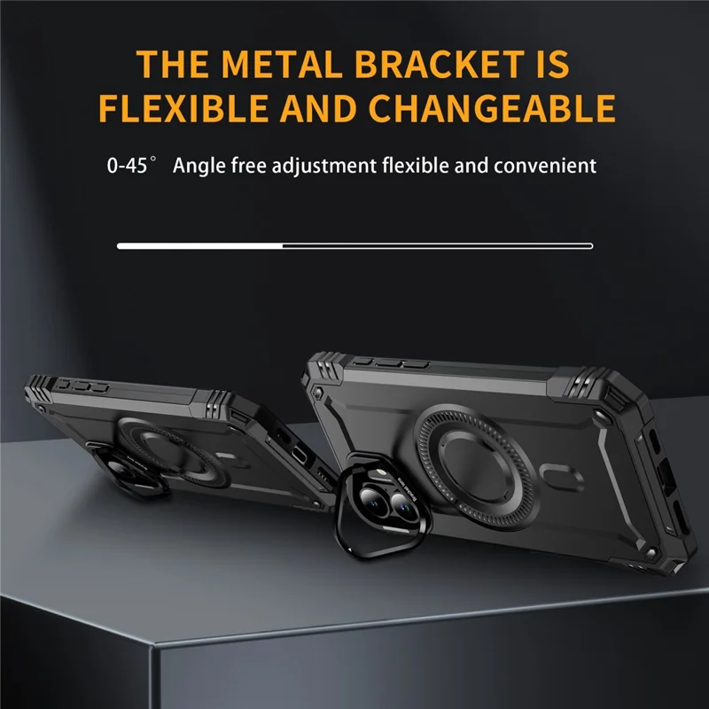 For iPhone 16 Plus Magnetic Case Lens Kickstand PC + TPU Shockproof Phone Cover - Black