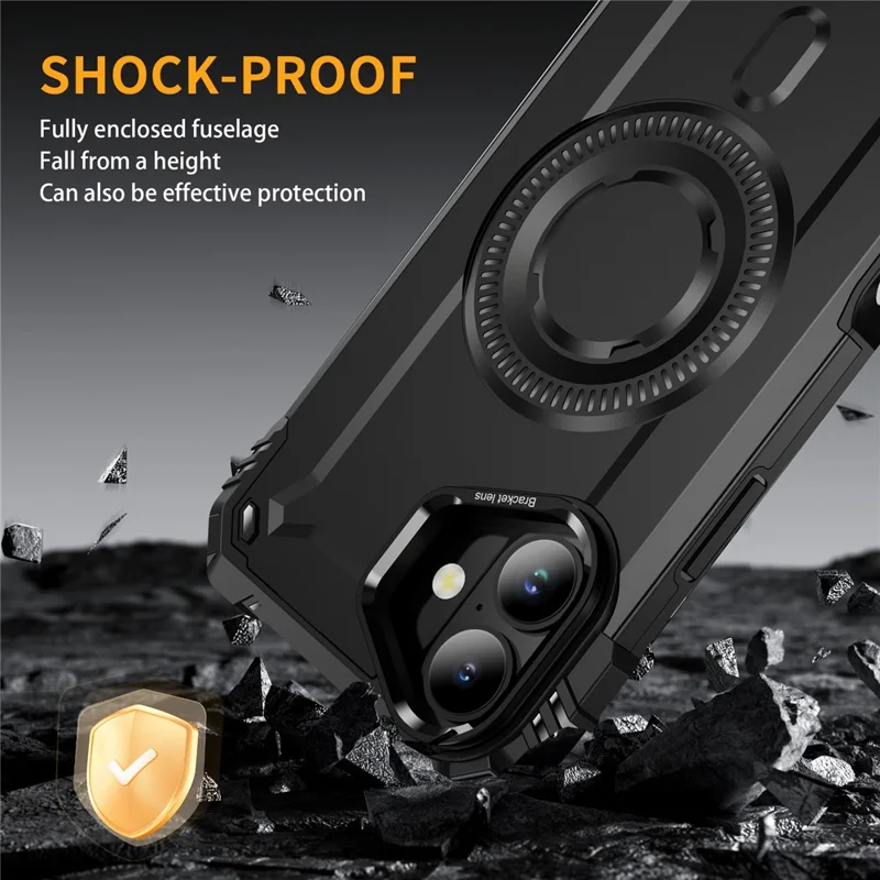 For iPhone 16 Plus Magnetic Case Lens Kickstand PC + TPU Shockproof Phone Cover - Black