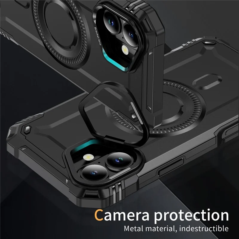For iPhone 16 Plus Magnetic Case Lens Kickstand PC + TPU Shockproof Phone Cover - Black