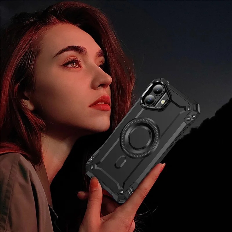For iPhone 16 Plus Magnetic Case Lens Kickstand PC + TPU Shockproof Phone Cover - Black