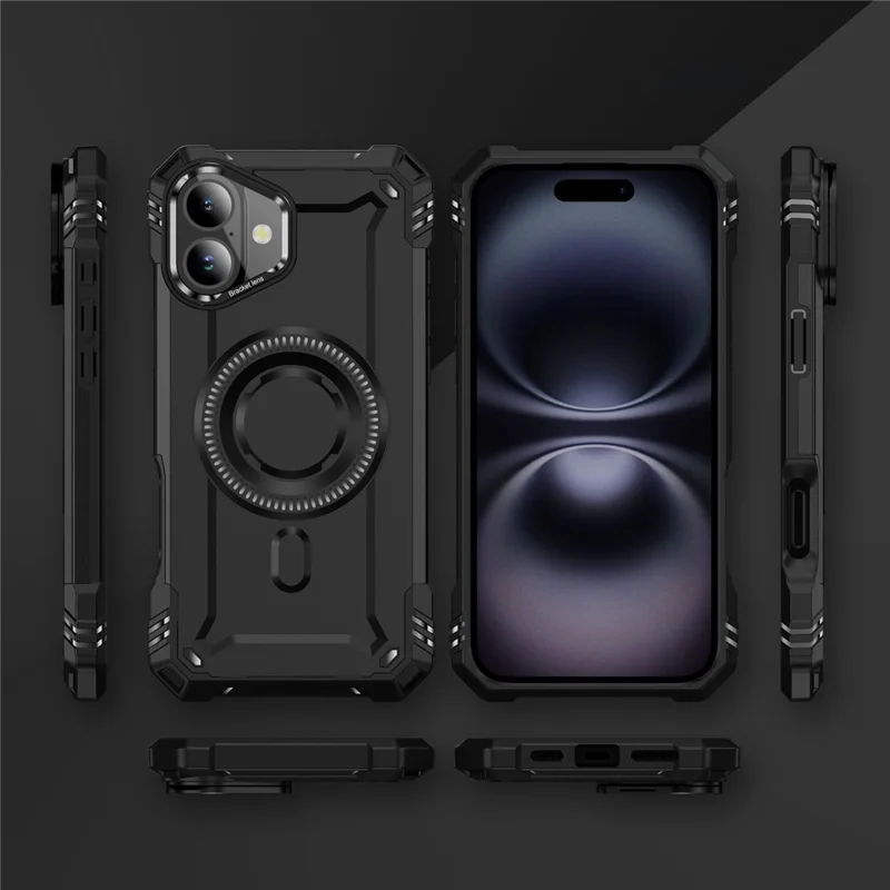 For iPhone 16 Plus Magnetic Case Lens Kickstand PC + TPU Shockproof Phone Cover - Black