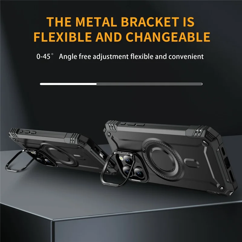 For iPhone 15 Pro Max Magnetic Case Lens Kickstand PC + TPU Shockproof Phone Cover - Black