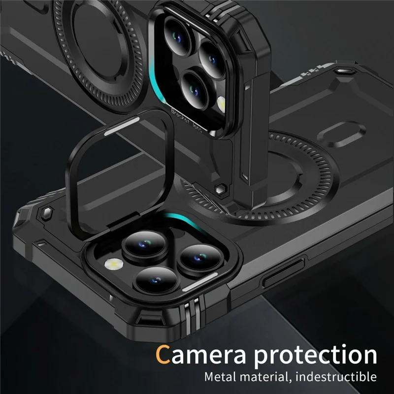 For iPhone 15 Pro Max Magnetic Case Lens Kickstand PC + TPU Shockproof Phone Cover - Black