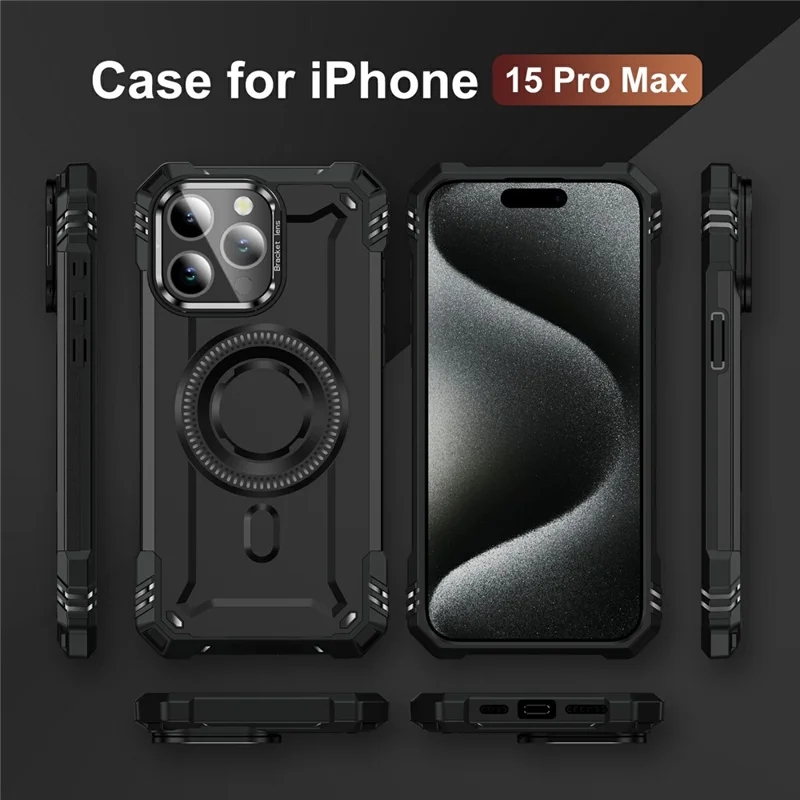 For iPhone 15 Pro Max Magnetic Case Lens Kickstand PC + TPU Shockproof Phone Cover - Black