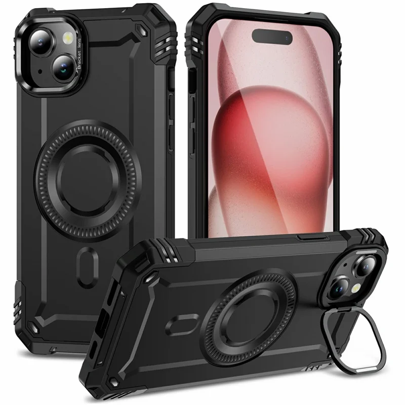 For iPhone 15 Magnetic Case Lens Kickstand PC + TPU Shockproof Phone Cover - Black