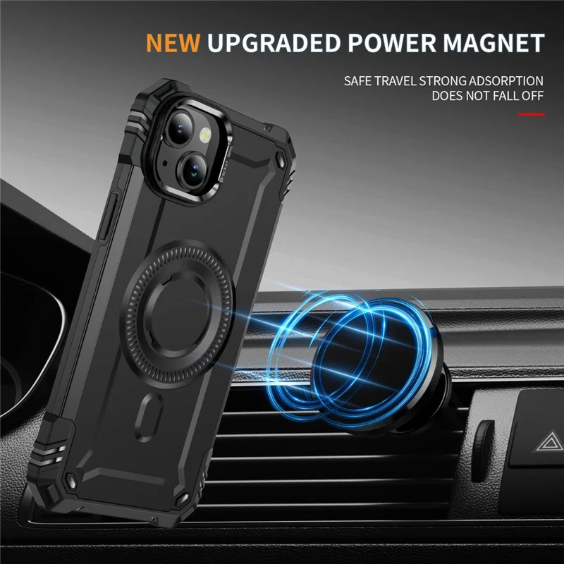 For iPhone 15 Magnetic Case Lens Kickstand PC + TPU Shockproof Phone Cover - Black