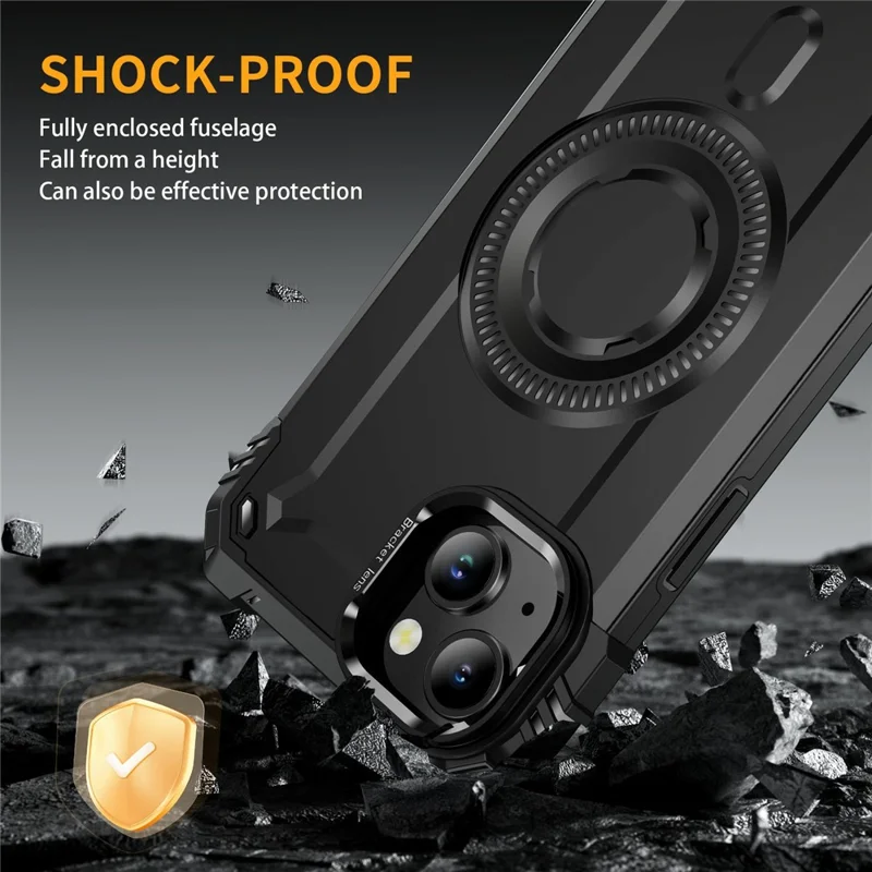 For iPhone 15 Magnetic Case Lens Kickstand PC + TPU Shockproof Phone Cover - Black
