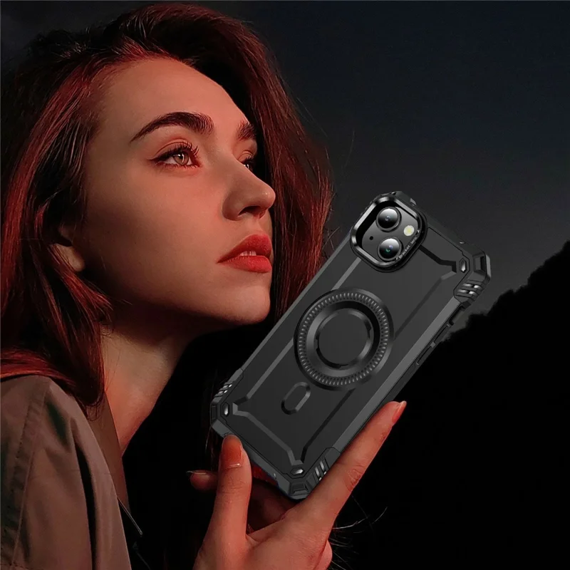 For iPhone 15 Magnetic Case Lens Kickstand PC + TPU Shockproof Phone Cover - Black