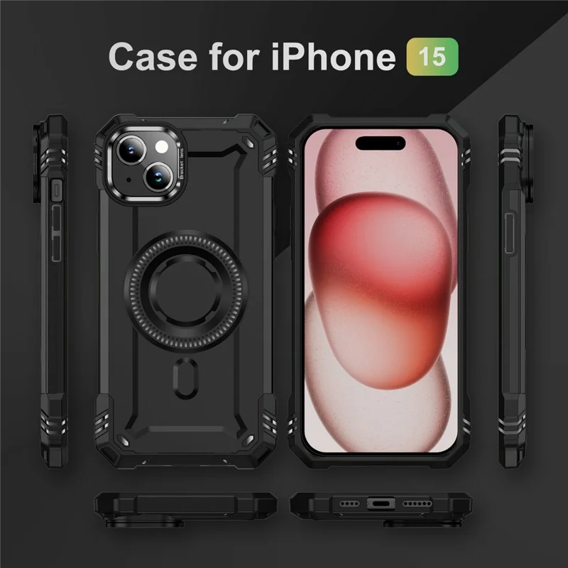 For iPhone 15 Magnetic Case Lens Kickstand PC + TPU Shockproof Phone Cover - Black