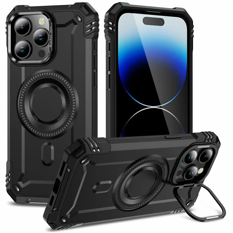 For iPhone 14 Pro Max Magnetic Case Lens Kickstand PC + TPU Shockproof Phone Cover - Black