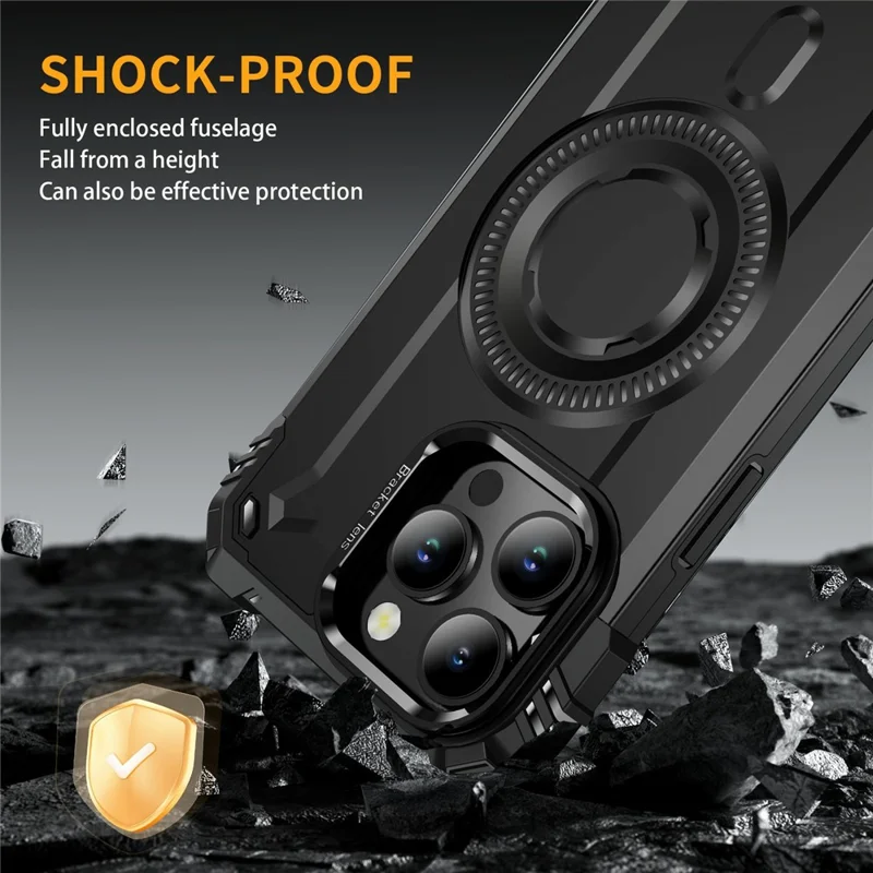 For iPhone 14 Pro Max Magnetic Case Lens Kickstand PC + TPU Shockproof Phone Cover - Black