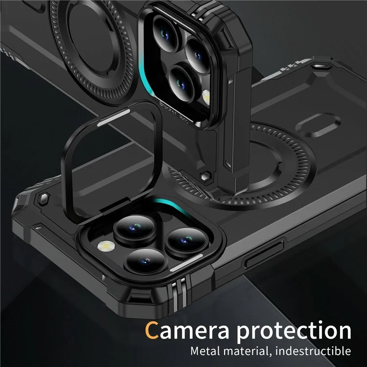 Für iPhone 14 Pro Magnetische Hülle mit Objektiv-Ständer PC + TPU Stoßfeste Handyhülle - Schwarz