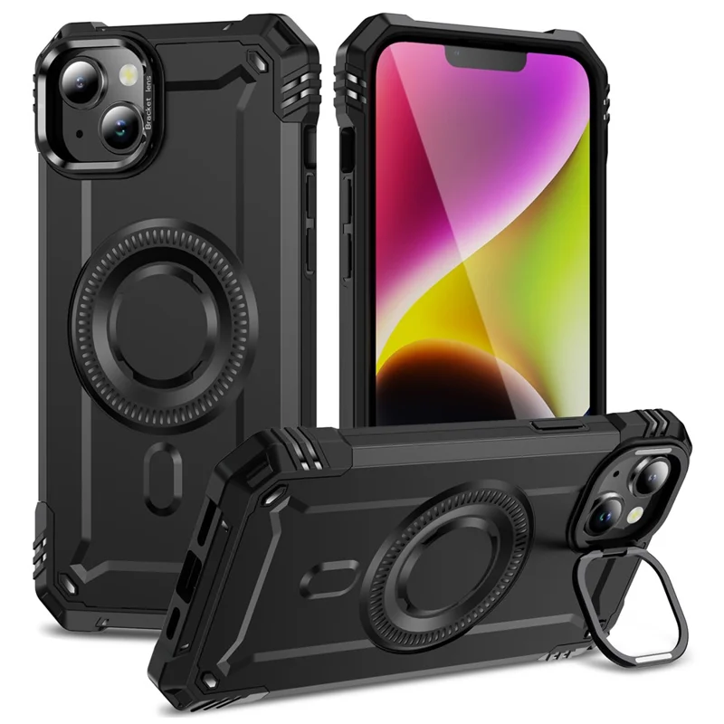 Coque de téléphone magnétique pour iPhone 14 avec support et objectif - PC + TPU Antichoc - Noir