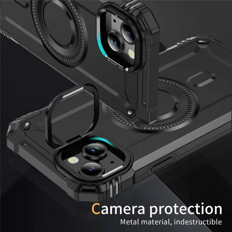 Coque de téléphone magnétique pour iPhone 14 avec support et objectif - PC + TPU Antichoc - Noir