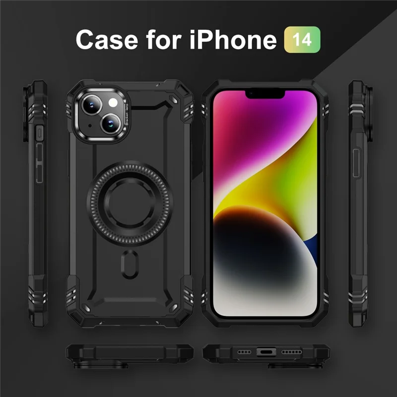 Coque de téléphone magnétique pour iPhone 14 avec support et objectif - PC + TPU Antichoc - Noir
