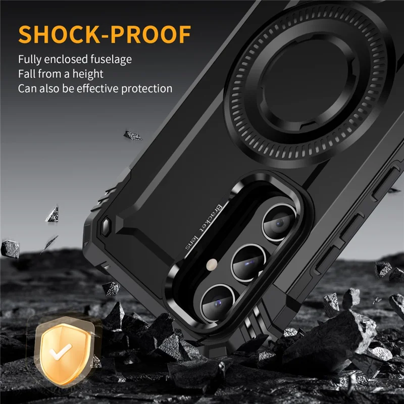 For Samsung Galaxy A56 5G Magnetic Case Lens Kickstand PC + TPU Shockproof Phone Cover - Black