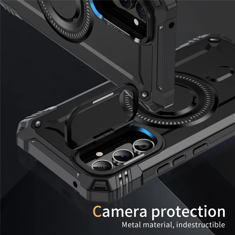 For Samsung Galaxy A56 5G Magnetic Case Lens Kickstand PC + TPU Shockproof Phone Cover - Black
