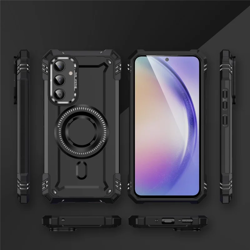 For Samsung Galaxy A56 5G Magnetic Case Lens Kickstand PC + TPU Shockproof Phone Cover - Black