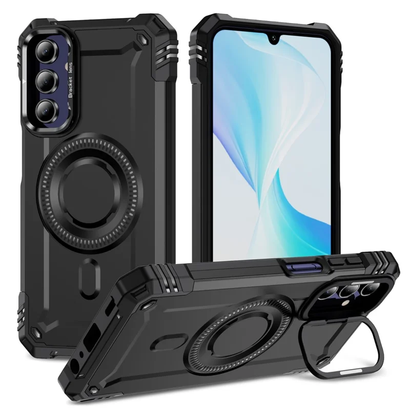 For Samsung Galaxy A15 4G / 5G Magnetic Case Lens Kickstand PC + TPU Shockproof Phone Cover - Black