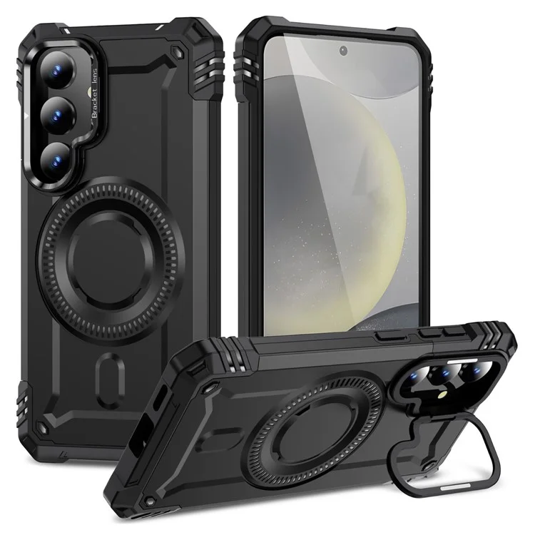 Für Samsung Galaxy S25 Magnetische Hülle mit Linse, Ständer, PC + TPU Stoßfeste Handyhülle - Schwarz