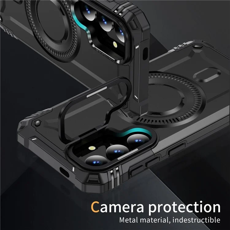 Für Samsung Galaxy S25 Magnetische Hülle mit Linse, Ständer, PC + TPU Stoßfeste Handyhülle - Schwarz