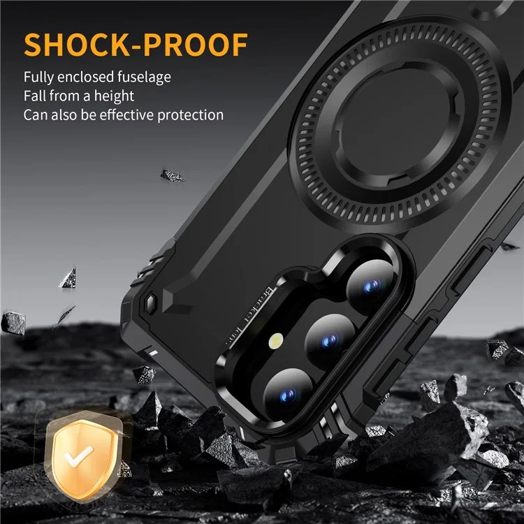 Für Samsung Galaxy S25 Magnetische Hülle mit Linse, Ständer, PC + TPU Stoßfeste Handyhülle - Schwarz