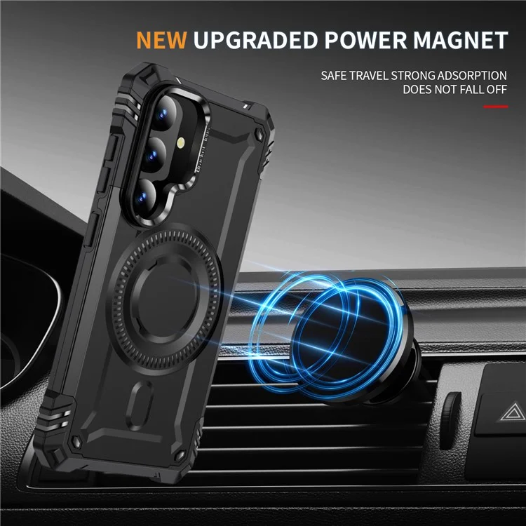 Für Samsung Galaxy S25 Magnetische Hülle mit Linse, Ständer, PC + TPU Stoßfeste Handyhülle - Schwarz