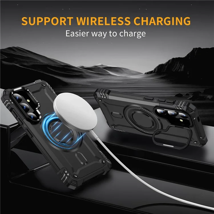 Für Samsung Galaxy S25 Magnetische Hülle mit Linse, Ständer, PC + TPU Stoßfeste Handyhülle - Schwarz