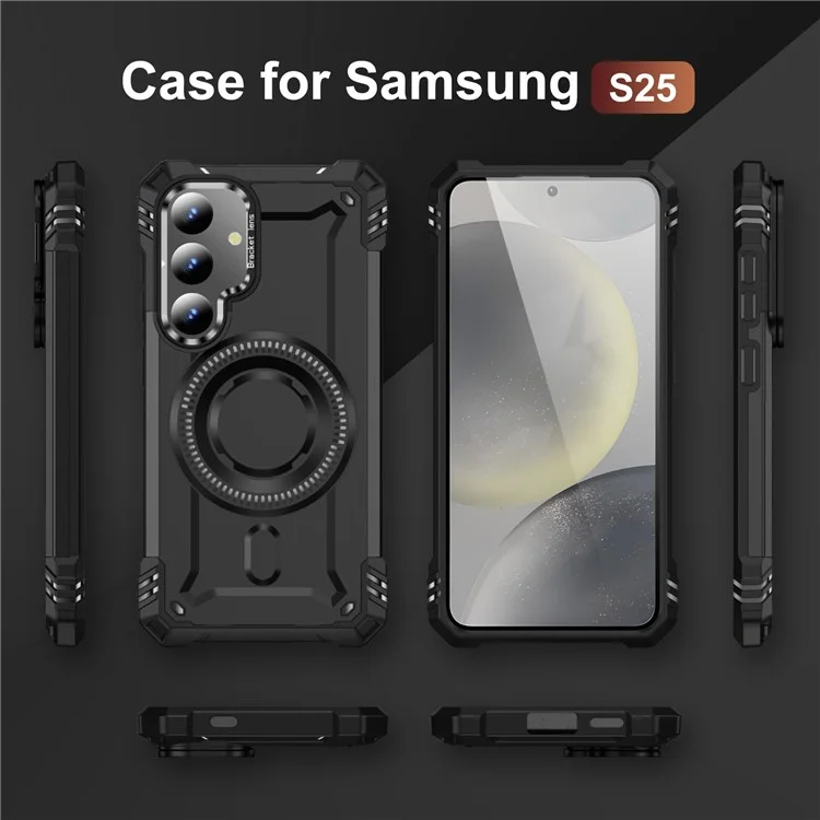 Für Samsung Galaxy S25 Magnetische Hülle mit Linse, Ständer, PC + TPU Stoßfeste Handyhülle - Schwarz