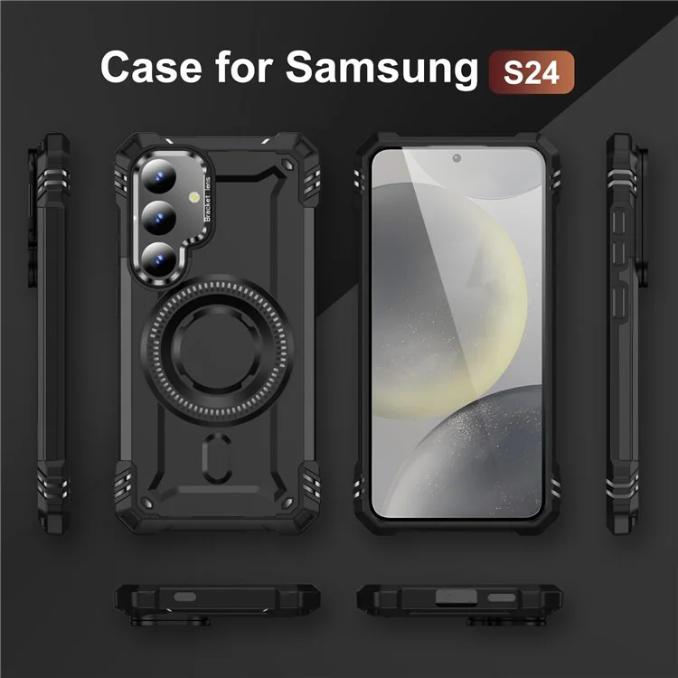 Pour Samsung Galaxy S24 Étui Magnétique avec Support et Objectif PC + TPU Antichoc - Noir