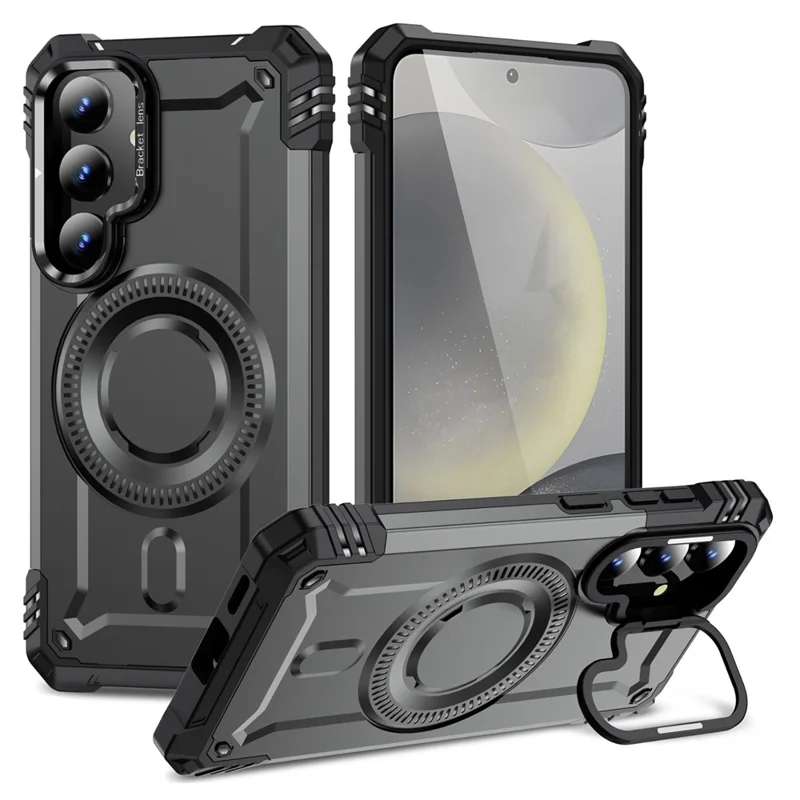 For Samsung Galaxy S24 Magnetic Case Lens Kickstand PC + TPU Shockproof Phone Cover - Grey