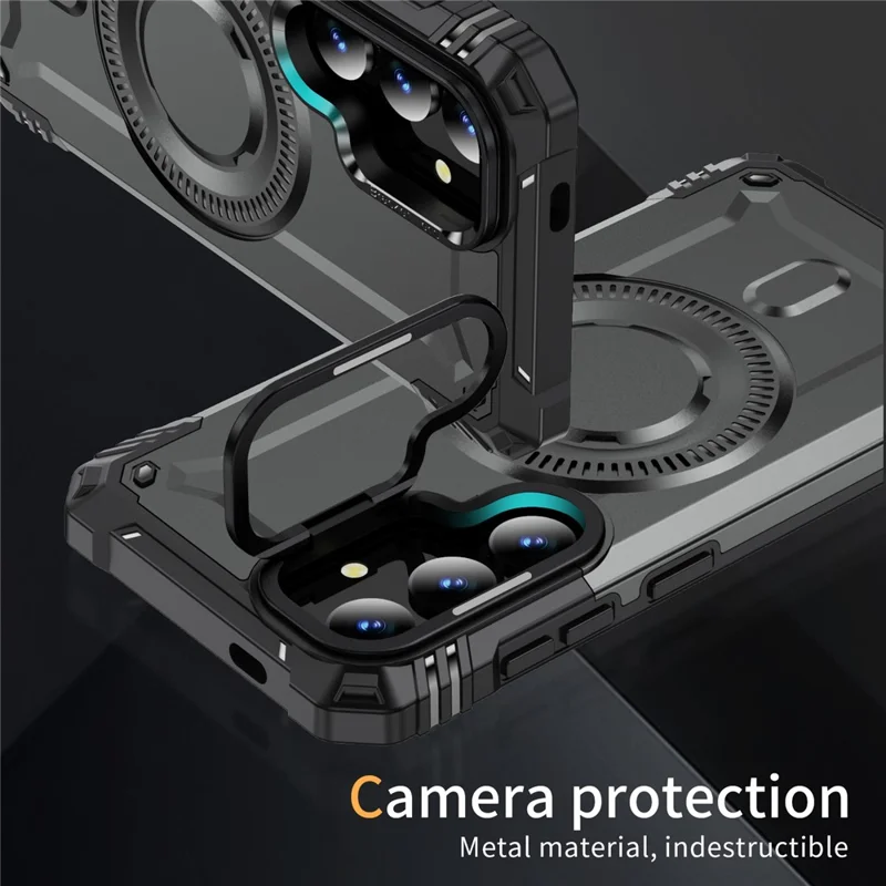 For Samsung Galaxy S24 Magnetic Case Lens Kickstand PC + TPU Shockproof Phone Cover - Grey